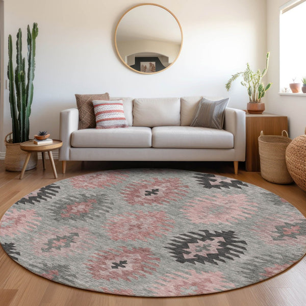 HomeRoots 8' Gray Mauve and Silver Southwestern Washable Round Rug - Durable, UV Protected, Perfect for Kids & Pets 677624