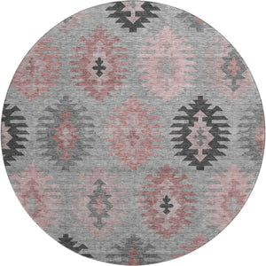 HomeRoots 8' Gray Mauve and Silver Southwestern Washable Round Rug - Durable, UV Protected, Perfect for Kids & Pets 677624
