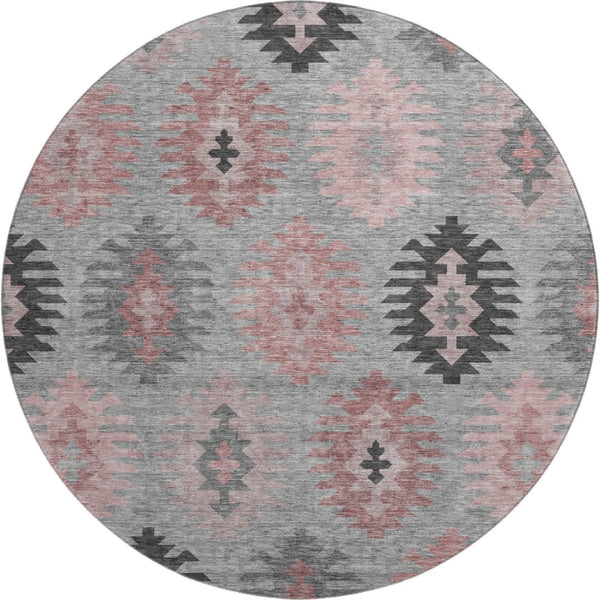 HomeRoots 8' Gray Mauve and Silver Southwestern Washable Round Rug - Durable, UV Protected, Perfect for Kids & Pets 677624