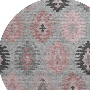 HomeRoots 8' Gray Mauve and Silver Southwestern Washable Round Rug - Durable, UV Protected, Perfect for Kids & Pets 677624