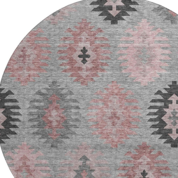 HomeRoots 8' Gray Mauve and Silver Southwestern Washable Round Rug - Durable, UV Protected, Perfect for Kids & Pets 677624