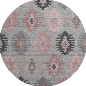 HomeRoots 8' Gray Mauve and Silver Southwestern Washable Round Rug - Durable, UV Protected, Perfect for Kids & Pets 677624
