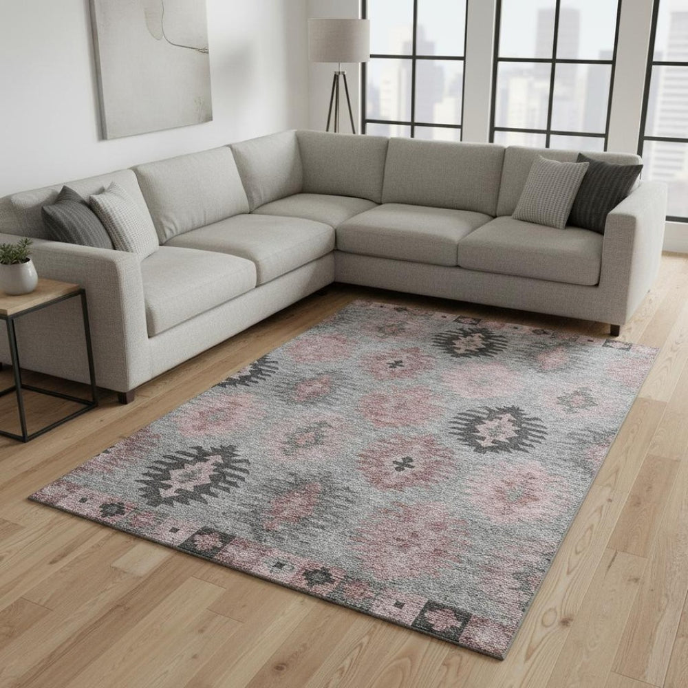 HomeRoots 8' X 10' Gray Mauve Silver Southwestern Area Rug - Washable, UV Protected, Non-Slip & Stylish Design 677625
