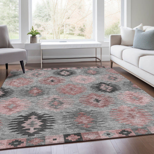 HomeRoots 9' X 12' Gray Mauve Silver Southwestern Area Rug – Durable, Washable, UV Protected for Every Home! 677626