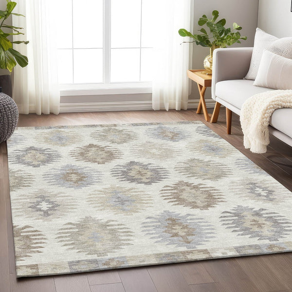 HomeRoots 8' X 10' Southwestern Washable Area Rug in Warm Ivory, Beige & Gray - UV Protected & Durable Design 677631