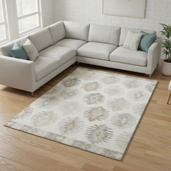 HomeRoots 9' X 12' Southwestern Area Rug in Ivory Beige & Gray - Washable, UV-Protected, Stylish & Durable 677632
