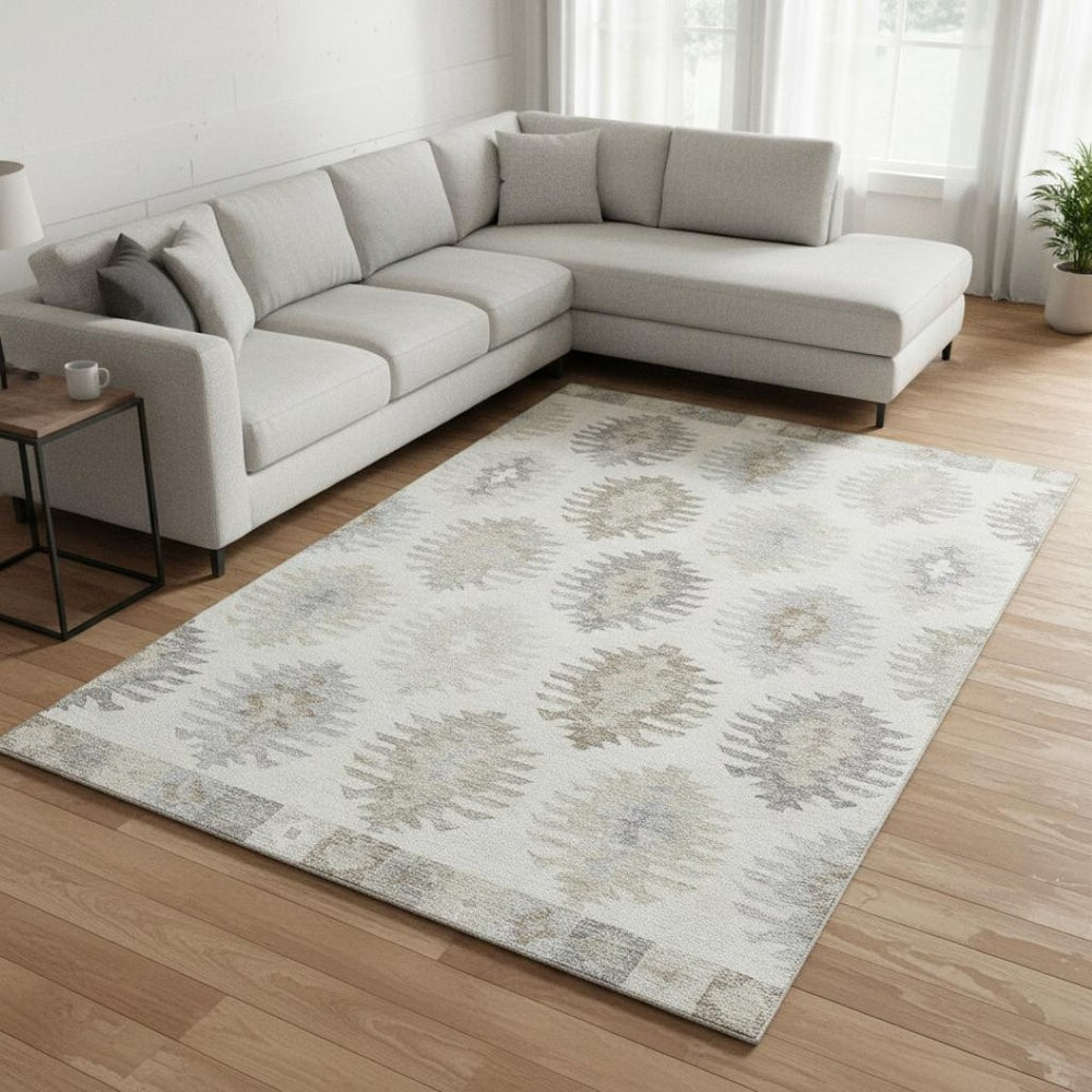 HomeRoots 10' X 14' Southwestern Area Rug in Ivory Beige & Gray – Washable, UV Protected, Stain-Resistant Design 677633
