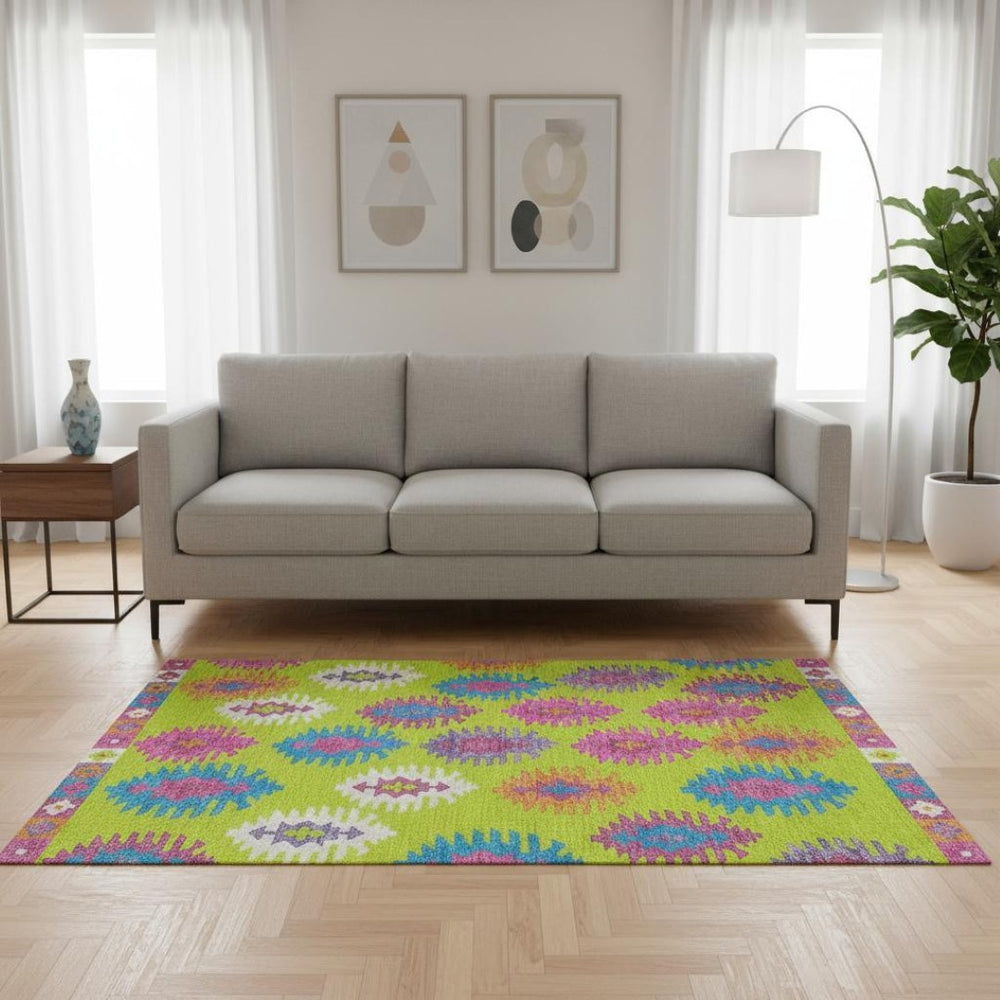 HomeRoots 5' X 8' Southwestern Washable Area Rug in Vibrant Lime Green, Teal & Purple – UV & Stain Resistant! 677635