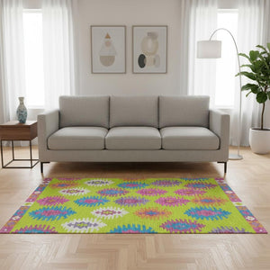 HomeRoots 5' X 8' Southwestern Washable Area Rug in Vibrant Lime Green, Teal & Purple – UV & Stain Resistant! 677635