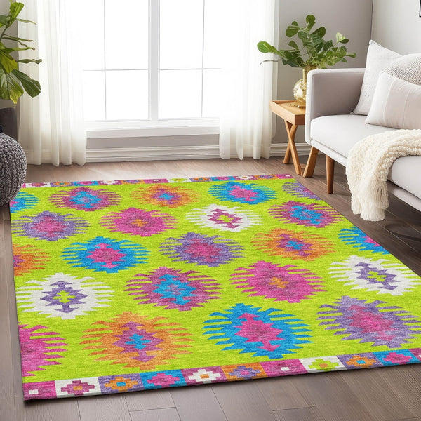 HomeRoots 5' X 8' Southwestern Washable Area Rug in Vibrant Lime Green, Teal & Purple – UV & Stain Resistant! 677635