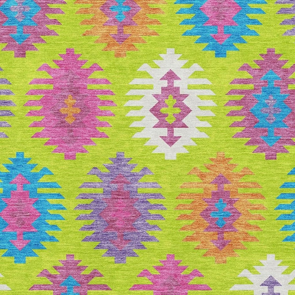 HomeRoots 5' X 8' Southwestern Washable Area Rug in Vibrant Lime Green, Teal & Purple – UV & Stain Resistant! 677635