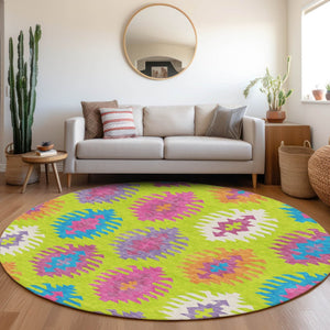 HomeRoots 8' Vibrant Southwestern Round Rug in Lime Green, Teal & Purple - Washable, UV Protected & Stylish 677636