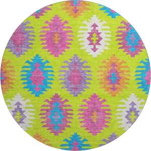 HomeRoots 8' Vibrant Southwestern Round Rug in Lime Green, Teal & Purple - Washable, UV Protected & Stylish 677636
