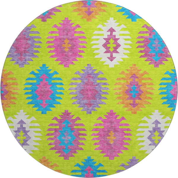 HomeRoots 8' Vibrant Southwestern Round Rug in Lime Green, Teal & Purple - Washable, UV Protected & Stylish 677636