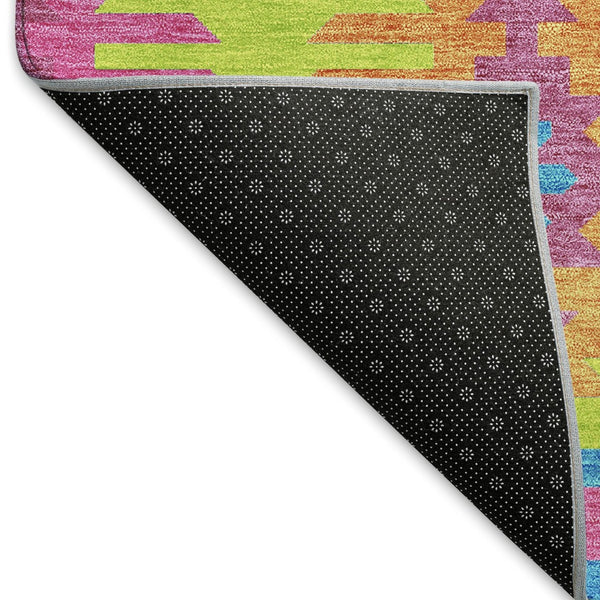 HomeRoots 8' Vibrant Southwestern Round Rug in Lime Green, Teal & Purple - Washable, UV Protected & Stylish 677636