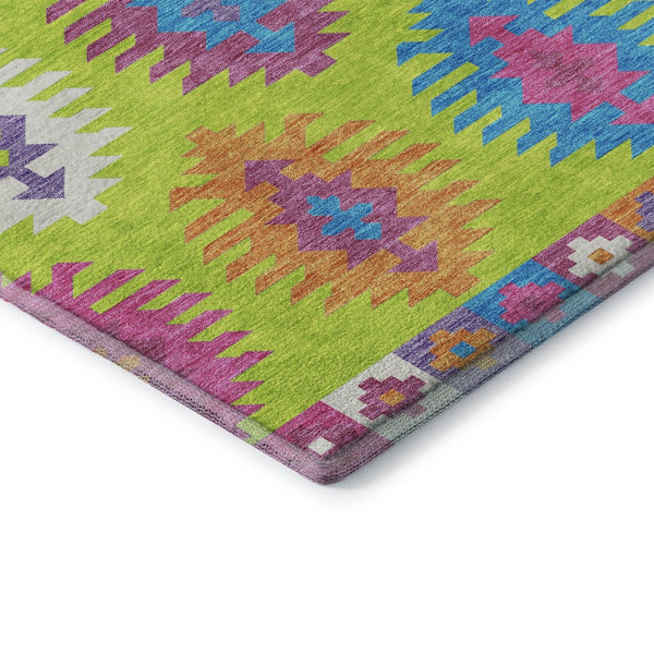 HomeRoots 8' Vibrant Southwestern Round Rug in Lime Green, Teal & Purple - Washable, UV Protected & Stylish 677636