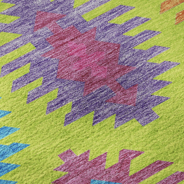 HomeRoots 8' Vibrant Southwestern Round Rug in Lime Green, Teal & Purple - Washable, UV Protected & Stylish 677636
