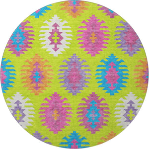 HomeRoots 8' Vibrant Southwestern Round Rug in Lime Green, Teal & Purple - Washable, UV Protected & Stylish 677636