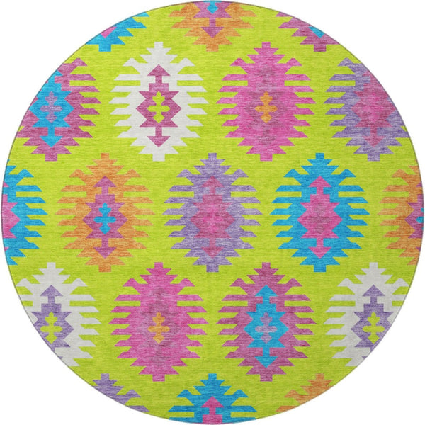 HomeRoots 8' Vibrant Southwestern Round Rug in Lime Green, Teal & Purple - Washable, UV Protected & Stylish 677636