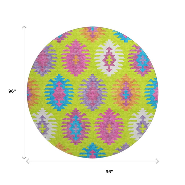 HomeRoots 8' Vibrant Southwestern Round Rug in Lime Green, Teal & Purple - Washable, UV Protected & Stylish 677636