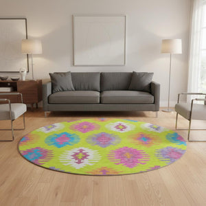 HomeRoots 8' Vibrant Southwestern Round Rug in Lime Green, Teal & Purple - Washable, UV Protected & Stylish 677636