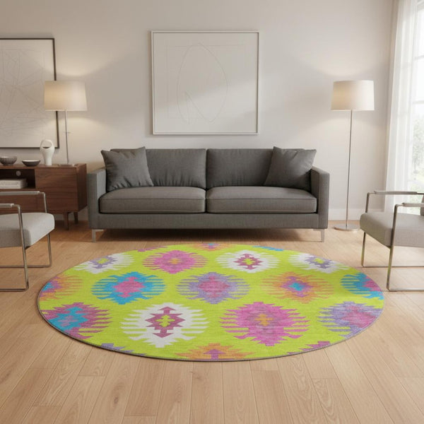 HomeRoots 8' Vibrant Southwestern Round Rug in Lime Green, Teal & Purple - Washable, UV Protected & Stylish 677636