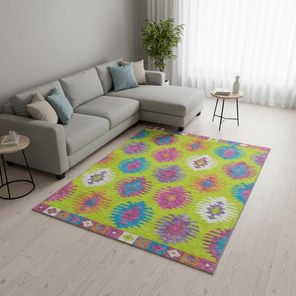 HomeRoots 8' X 10' Southwestern Area Rug in Vibrant Lime Green, Teal & Purple – Machine-Washable & UV Protected 677637