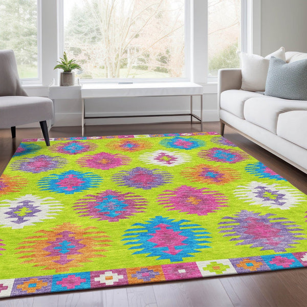 HomeRoots 8' X 10' Southwestern Area Rug in Vibrant Lime Green, Teal & Purple – Machine-Washable & UV Protected 677637