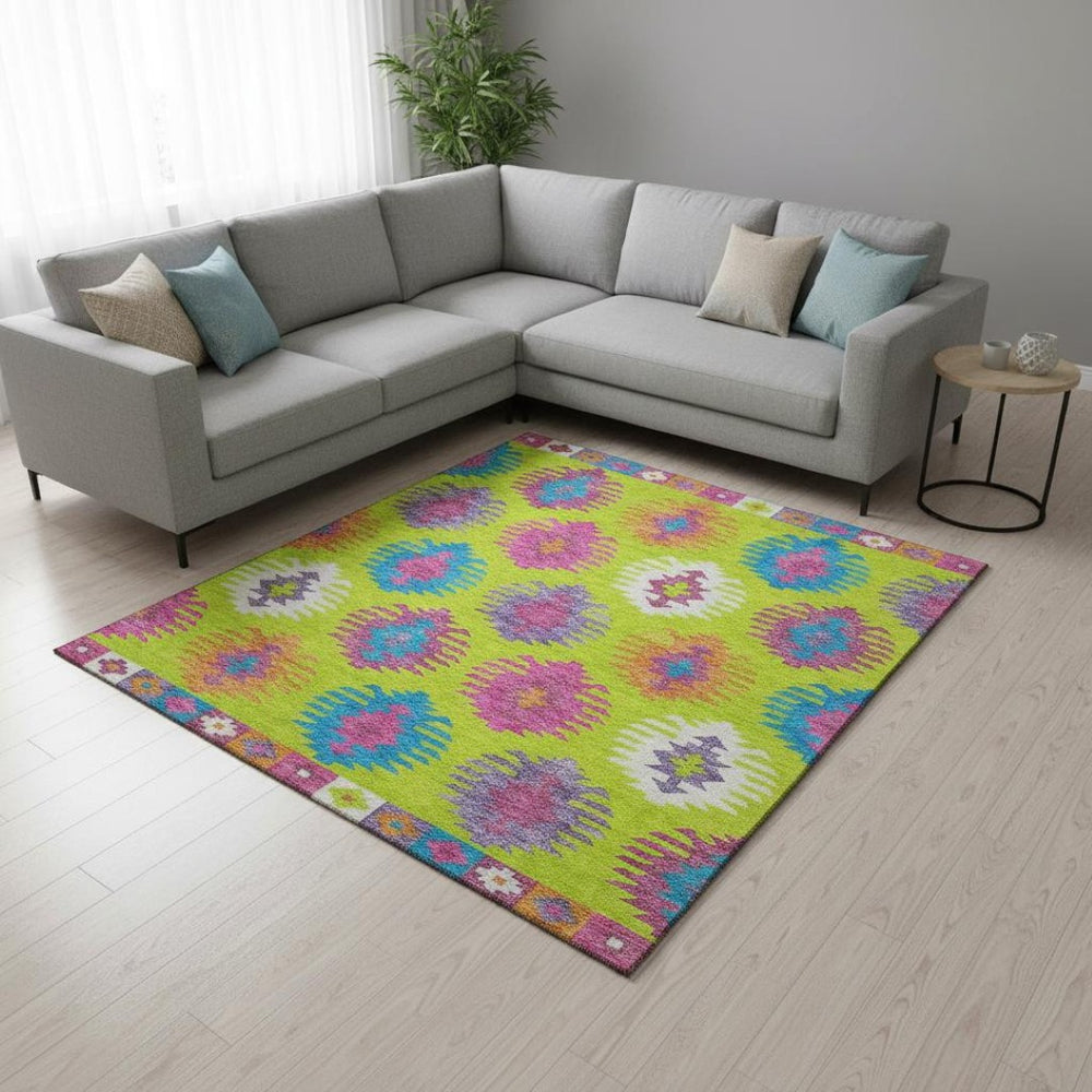 HomeRoots 9' X 12' Vibrant Southwestern Area Rug - Lime Green, Teal, Purple, Washable, UV Resistant & Durable 677638