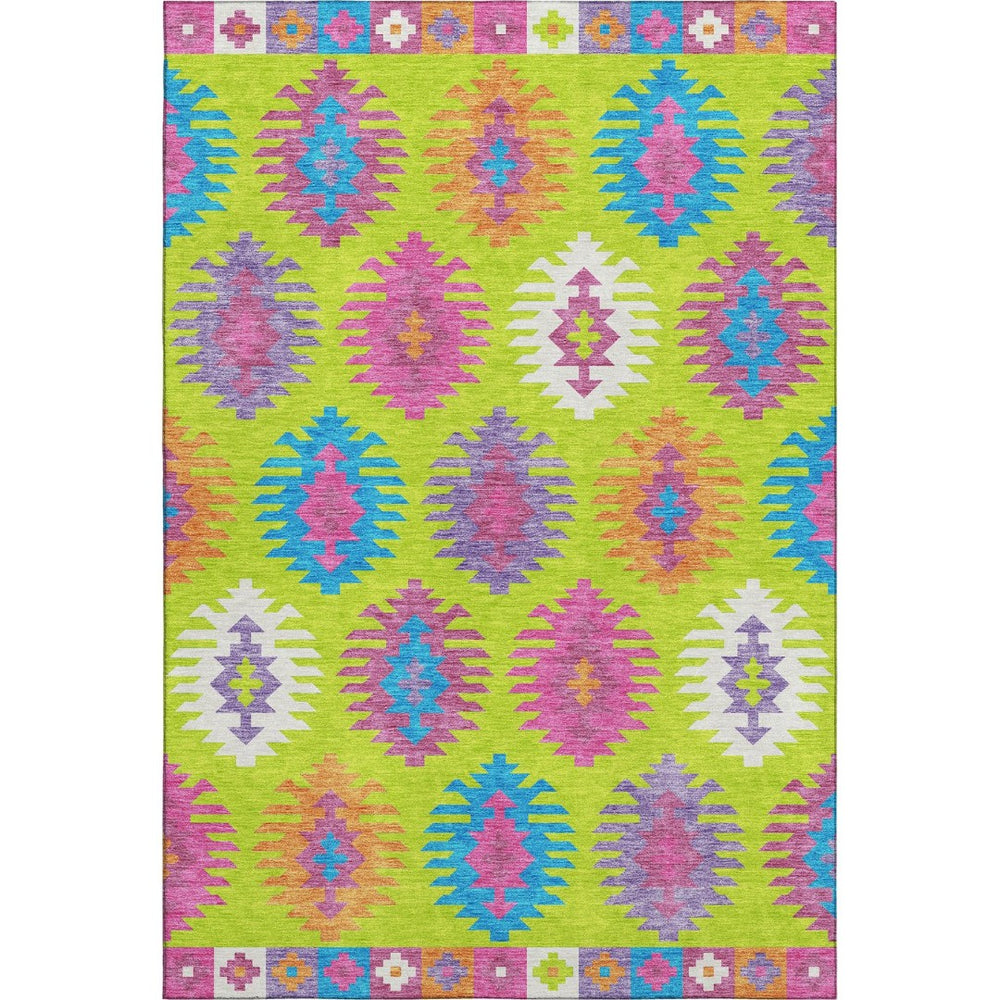 HomeRoots 9' X 12' Vibrant Southwestern Area Rug - Lime Green, Teal, Purple, Washable, UV Resistant & Durable 677638
