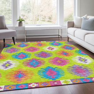 HomeRoots 9' X 12' Vibrant Southwestern Area Rug - Lime Green, Teal, Purple, Washable, UV Resistant & Durable 677638