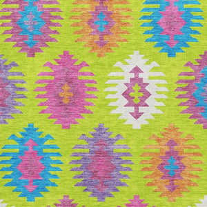 HomeRoots 9' X 12' Vibrant Southwestern Area Rug - Lime Green, Teal, Purple, Washable, UV Resistant & Durable 677638