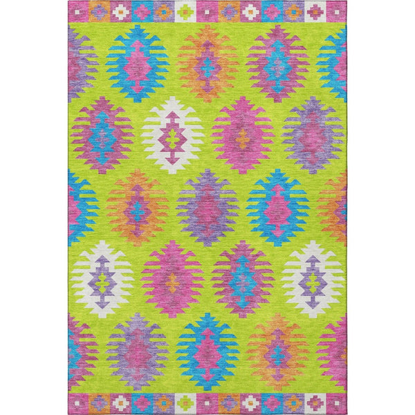 HomeRoots 9' X 12' Vibrant Southwestern Area Rug - Lime Green, Teal, Purple, Washable, UV Resistant & Durable 677638