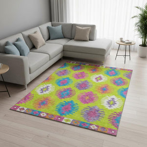 HomeRoots 10' X 14' Vibrant Southwestern Area Rug in Lime Green, Teal & Purple - Washable, UV Protected & Stain Resistant 677639