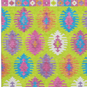 HomeRoots 10' X 14' Vibrant Southwestern Area Rug in Lime Green, Teal & Purple - Washable, UV Protected & Stain Resistant 677639