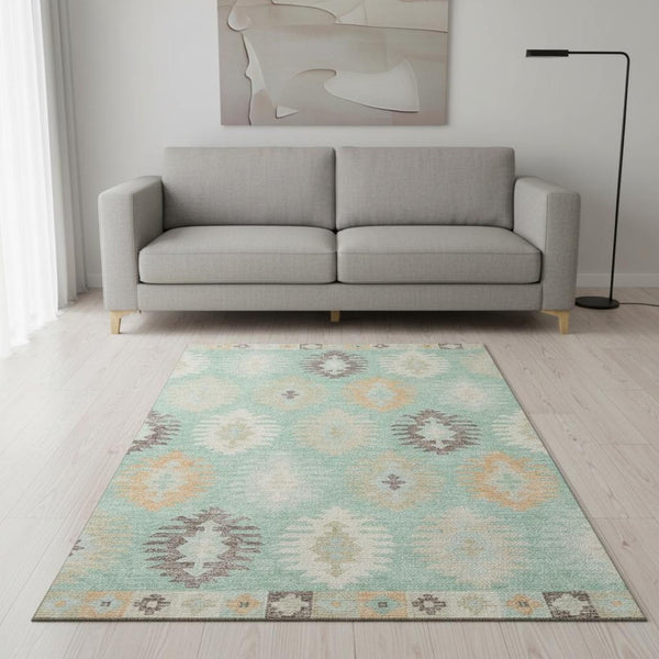 HomeRoots 5' X 8' Southwestern Area Rug in Mint Green, Ivory & Peach - Washable, Stain Resistant, UV Protected! 677641