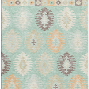 HomeRoots 5' X 8' Southwestern Area Rug in Mint Green, Ivory & Peach - Washable, Stain Resistant, UV Protected! 677641