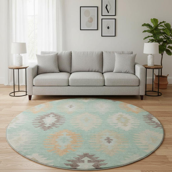 HomeRoots 8' Stylish Mint Green, Ivory & Peach Southwestern Washable Round Rug with UV Defense & Stain Resistance 677642