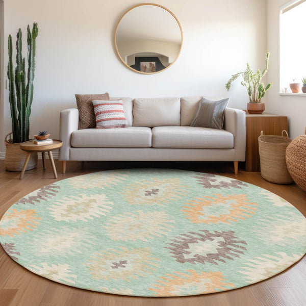 HomeRoots 8' Stylish Mint Green, Ivory & Peach Southwestern Washable Round Rug with UV Defense & Stain Resistance 677642