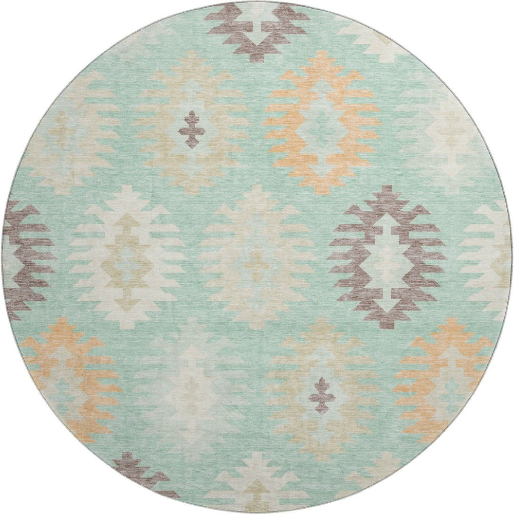 HomeRoots 8' Stylish Mint Green, Ivory & Peach Southwestern Washable Round Rug with UV Defense & Stain Resistance 677642
