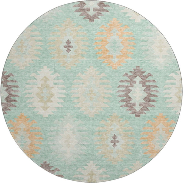 HomeRoots 8' Stylish Mint Green, Ivory & Peach Southwestern Washable Round Rug with UV Defense & Stain Resistance 677642