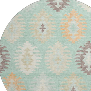 HomeRoots 8' Stylish Mint Green, Ivory & Peach Southwestern Washable Round Rug with UV Defense & Stain Resistance 677642