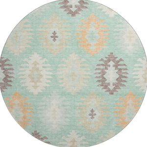 HomeRoots 8' Stylish Mint Green, Ivory & Peach Southwestern Washable Round Rug with UV Defense & Stain Resistance 677642