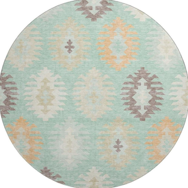 HomeRoots 8' Stylish Mint Green, Ivory & Peach Southwestern Washable Round Rug with UV Defense & Stain Resistance 677642