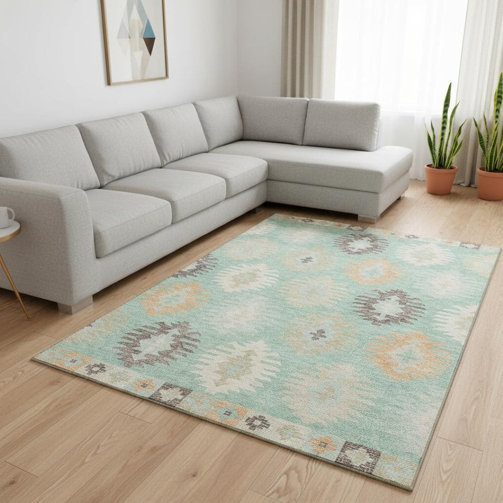 HomeRoots 8' X 10' Southwestern Washable Area Rug in Mint Green, Ivory & Peach with UV Protection for Homes 677643