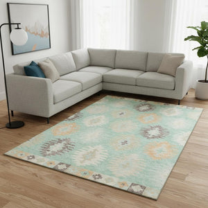 HomeRoots 9' X 12' Mint Green, Ivory & Peach Southwestern Washable Area Rug - Stylish, Durable & UV Protected! 677644