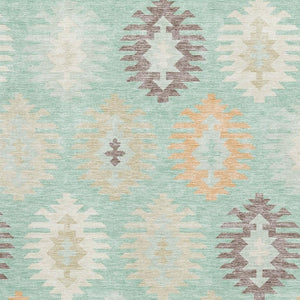HomeRoots 9' X 12' Mint Green, Ivory & Peach Southwestern Washable Area Rug - Stylish, Durable & UV Protected! 677644