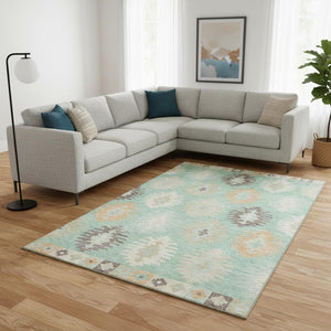 HomeRoots 10' Southwestern Area Rug in Mint Green, Ivory & Peach – Washable, UV Protected, Stain Resistant Decor 677645