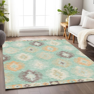HomeRoots 10' Southwestern Area Rug in Mint Green, Ivory & Peach – Washable, UV Protected, Stain Resistant Decor 677645