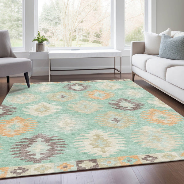 HomeRoots 10' Southwestern Area Rug in Mint Green, Ivory & Peach – Washable, UV Protected, Stain Resistant Decor 677645